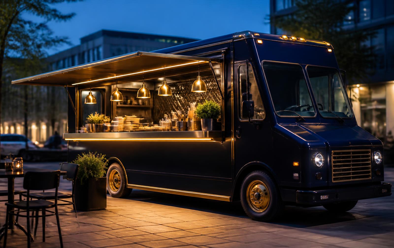 Navy and gold food truck serving customers at dusk